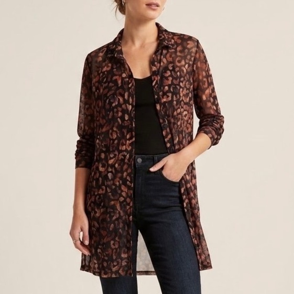 Lisa Bayne Womens Small Mesh Sheer Button Down Shirt Tunic Leopard Animal Print